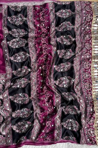 Wine Ajarak Print And Real Mirror Work Silk Blend Saree