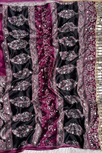 Wine Ajarak Print And Real Mirror Work Silk Blend Saree