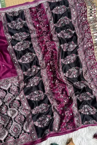 Wine Ajarak Print And Real Mirror Work Silk Blend Saree