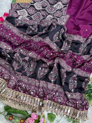 Wine Ajarak Print And Real Mirror Work Silk Blend Saree 4