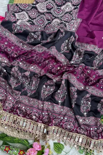 Wine Ajarak Print And Real Mirror Work Silk Blend Saree