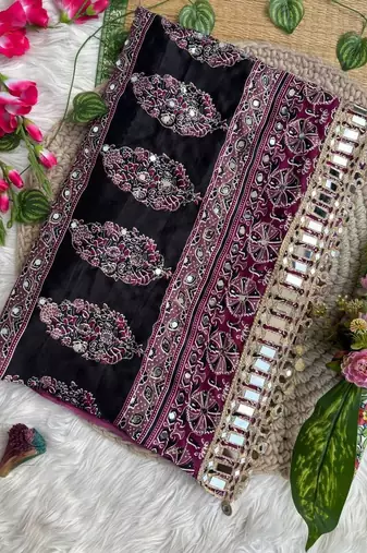 Wine Ajarak Print And Real Mirror Work Silk Blend Saree