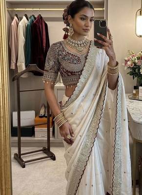 White Embroidery Sequence Buttis Satin Saree 2