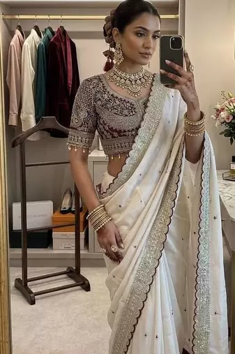 White Embroidery Sequence Buttis Satin Saree