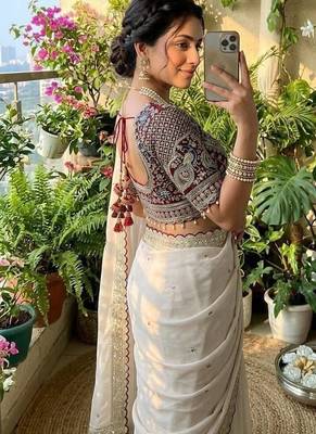 White Embroidery Sequence Buttis Satin Saree 3