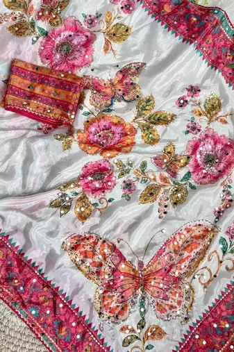 White Digital Print And Sequin Real Mirror Work Silk Blend Saree