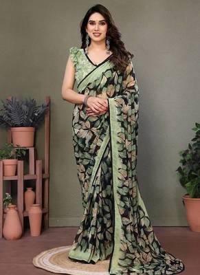 Light Green Printed Work Chiffon Saree 1