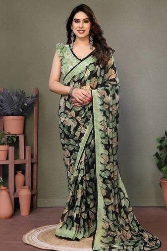 Light Green Printed Work Chiffon Saree