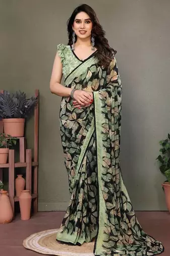 Light Green Printed Work Chiffon Saree