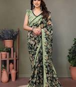 Light Green Printed Work Chiffon Saree