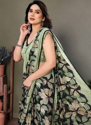 Light Green Printed Work Chiffon Saree 2