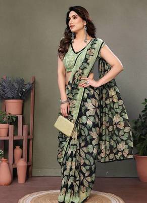 Light Green Printed Work Chiffon Saree 3