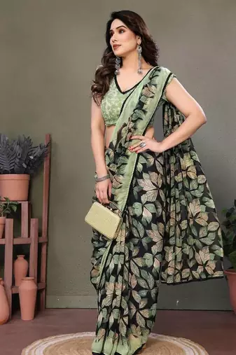 Light Green Printed Work Chiffon Saree