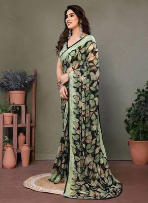 Light Green Printed Work Chiffon Saree 4