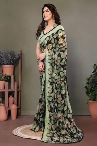 Light Green Printed Work Chiffon Saree