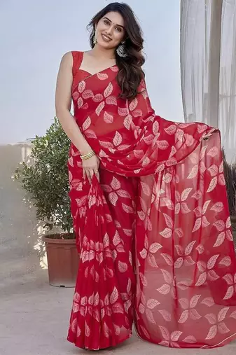 Rani Pink Color Printed Work Chiffon Saree