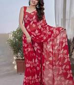 Rani Pink Color Printed Work Chiffon Saree