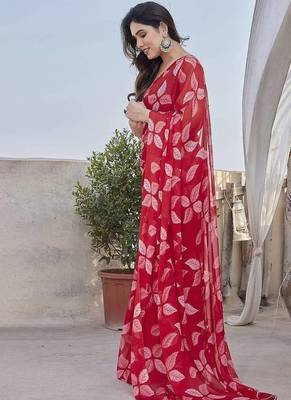 Rani Pink Color Printed Work Chiffon Saree 2