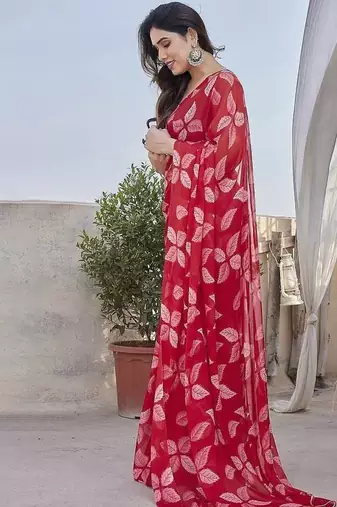 Rani Pink Color Printed Work Chiffon Saree