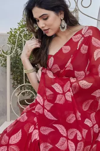 Rani Pink Color Printed Work Chiffon Saree