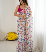 Rani Pink Color Printed Work Chiffon Saree
