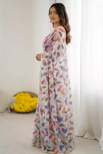 Rani Pink Color Printed Work Chiffon Saree