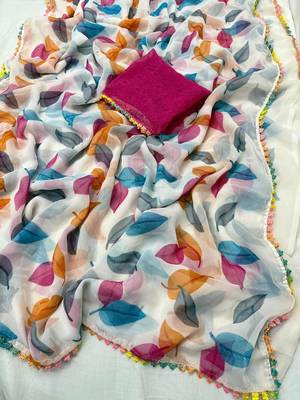 Rani Pink Color Printed Work Chiffon Saree 4