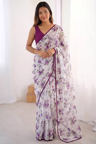 Purple Printed Work Chiffon Saree
