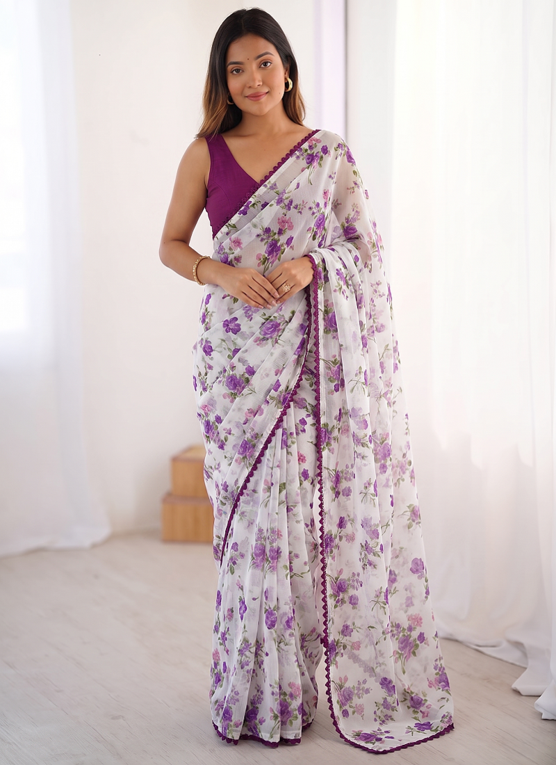Purple Printed Work Chiffon Saree