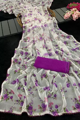 Purple Printed Work Chiffon Saree