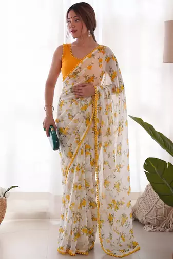Yellow Color Printed Work Chiffon Saree