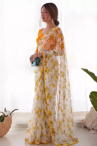Yellow Color Printed Work Chiffon Saree