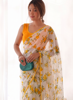 Yellow Color Printed Work Chiffon Saree 3