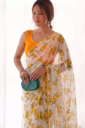 Yellow Color Printed Work Chiffon Saree