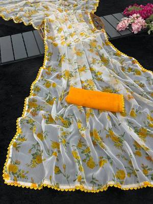 Yellow Color Printed Work Chiffon Saree 4