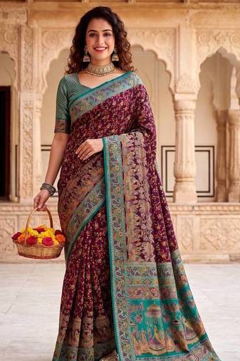Wine Color Kashmiri Thread Wooven Work Silk Blend Saree