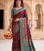 Wine Color Kashmiri Thread Wooven Work Silk Blend Saree