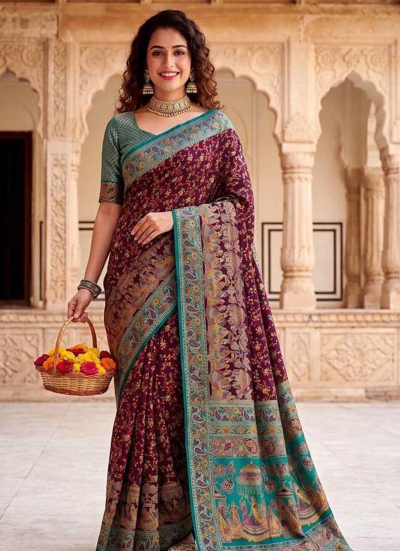 Wine Color Kashmiri Thread Wooven Work Silk Blend Saree