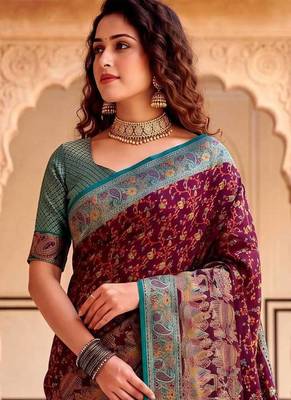 Wine Color Kashmiri Thread Wooven Work Silk Blend Saree 2