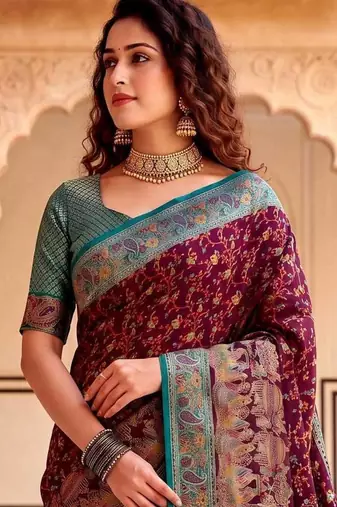 Wine Color Kashmiri Thread Wooven Work Silk Blend Saree