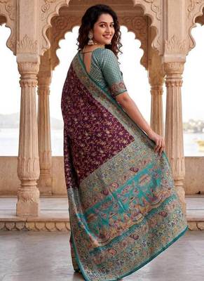 Wine Color Kashmiri Thread Wooven Work Silk Blend Saree 3