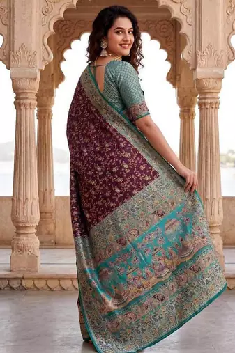 Wine Color Kashmiri Thread Wooven Work Silk Blend Saree