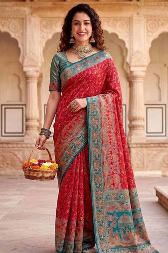 Red Color Kashmiri Thread Wooven Work Silk Blend Saree