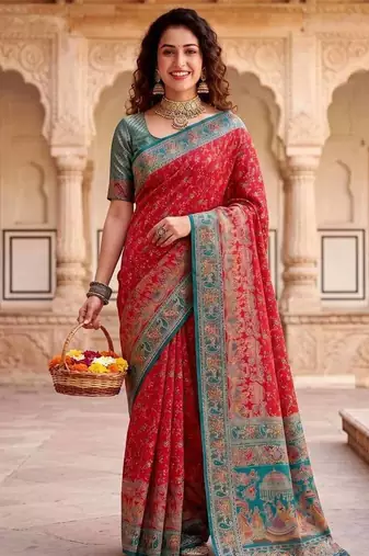Red Color Kashmiri Thread Wooven Work Silk Blend Saree