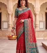 Red Color Kashmiri Thread Wooven Work Silk Blend Saree