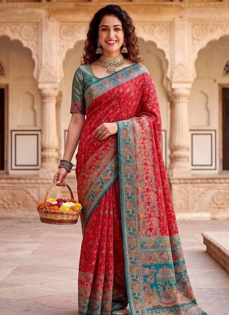 Red Color Kashmiri Thread Wooven Work Silk Blend Saree