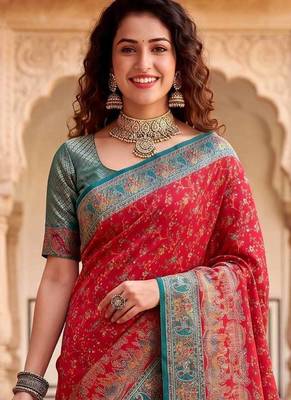 Red Color Kashmiri Thread Wooven Work Silk Blend Saree 2