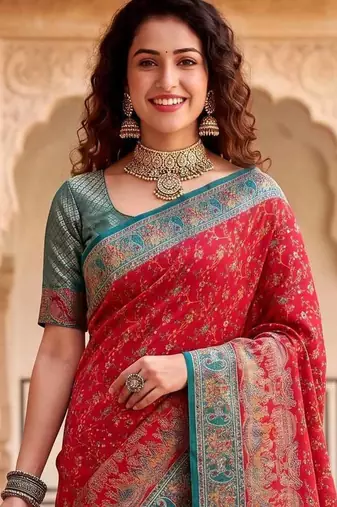 Red Color Kashmiri Thread Wooven Work Silk Blend Saree