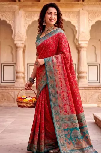 Red Color Kashmiri Thread Wooven Work Silk Blend Saree