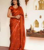 Orange Khadi Art Silk Saree With Jacquard Leaf Design